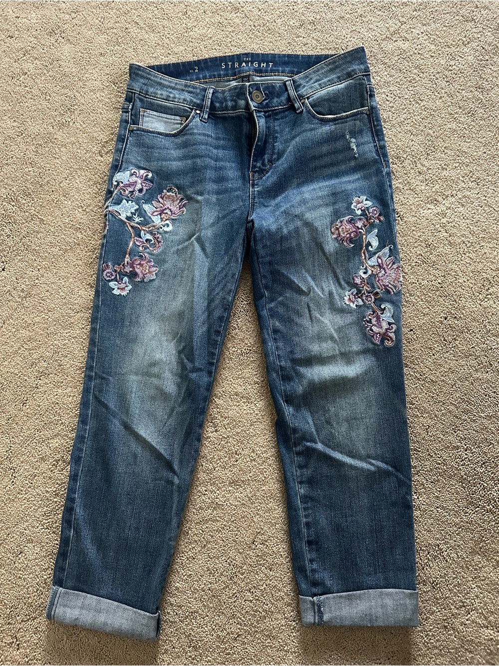 White House Black Market Blue Straight-Leg Jeans with Floral Embroidery